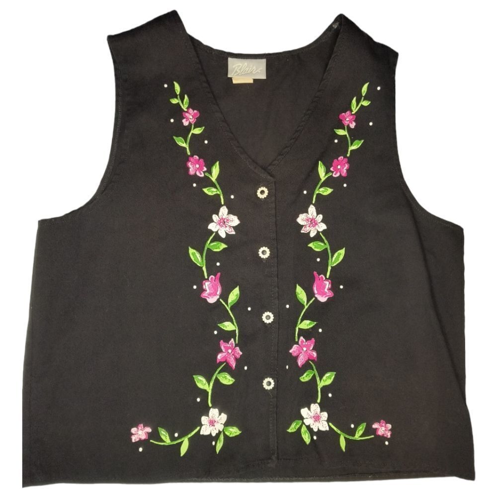 Vintage Painted Floral Black Sleeveless Vest Floral Button Retro Large